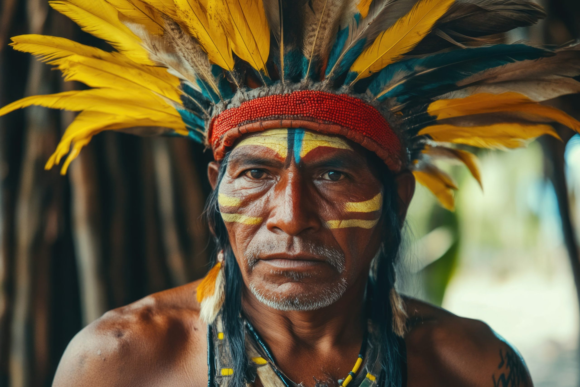 Bora tribe member in traditional costume Amazon River Basin.