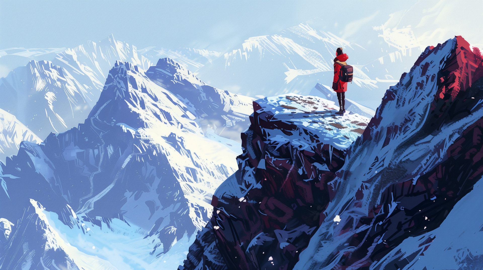 A traveler standing on the edge of a snowy peak and looking to the sky