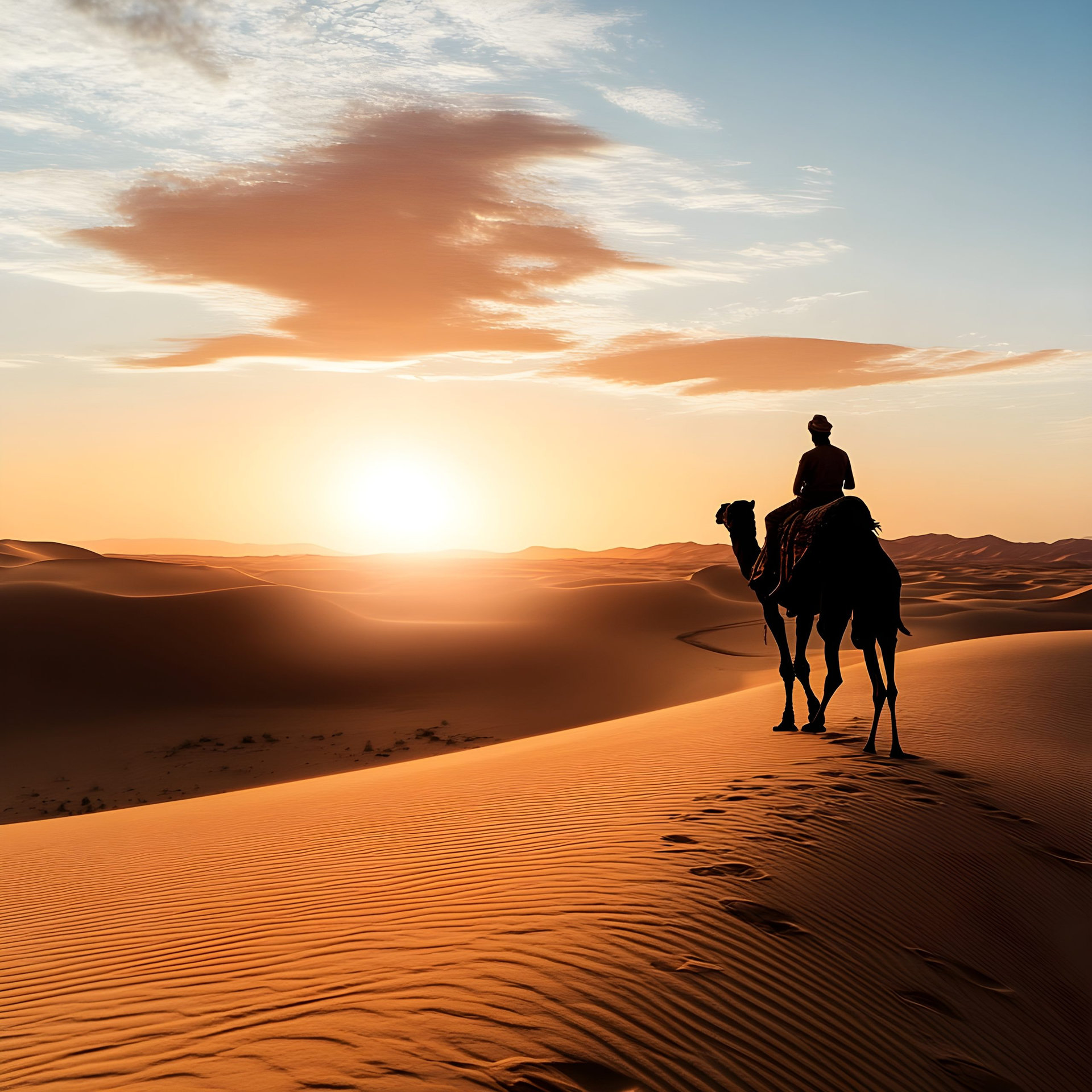 A photo of a traveler riding a camel across rolling desert dunes at sunset