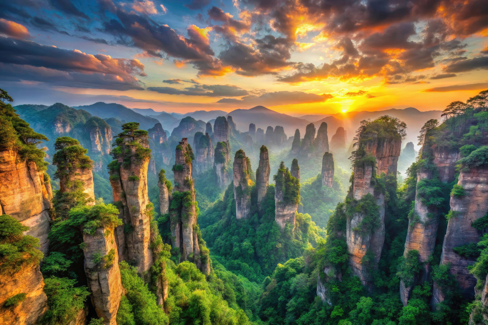 Surreal Zhangjiajie Mountains: Fantasy Landscape, China's Avatar Mountains, Dreamlike Scenery, Hunan Province, Mystical Peaks, Epic Nature Photography
