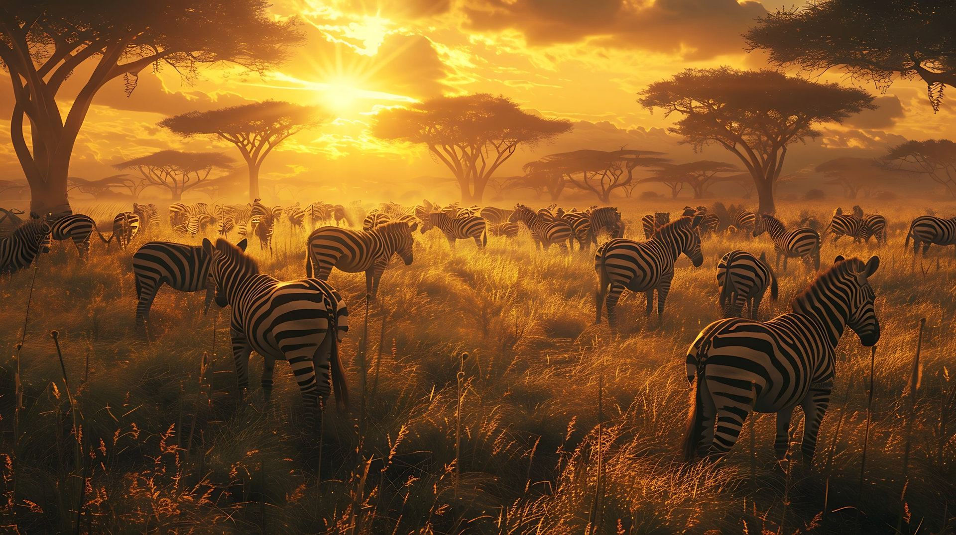 Group of zebras in the wild at sunset, Kruger Park, South Africa