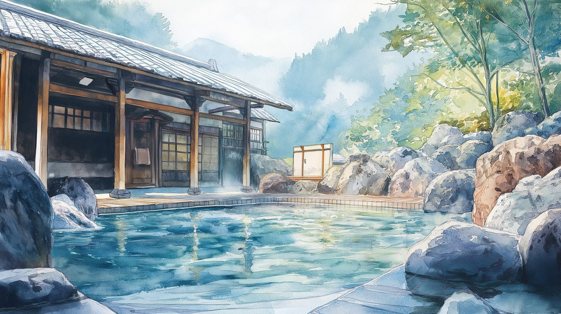 和風旅館で過ごす温泉旅行:春から夏への移ろいを捉えた日本の露天風呂水彩画風景イラスト