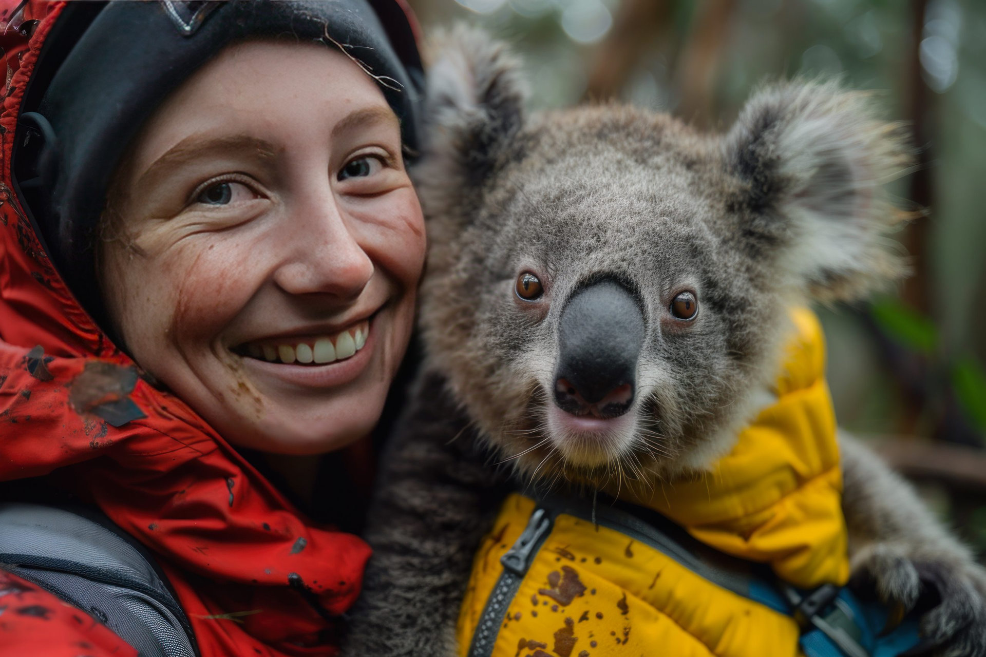 A woman wearing a bright jacket smiles widely as she holds a koala close to her face in a lush rainforest. The koala looks calmly at the camera, creating a joyful moment in nature.