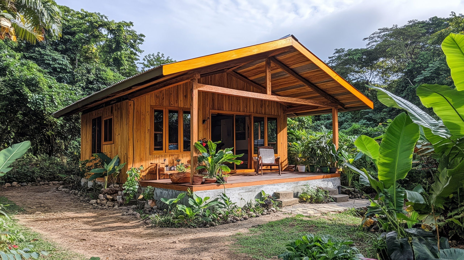 A modern Mediterranean style Airbnb cabin located in Guanacaste, Costa Rica, made of wood and concrete materials, surrounded by tropical plants, providing a peaceful and natural vacation experience.