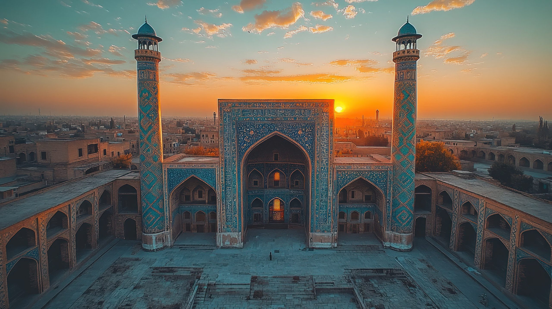 A stunning view of traditional Islamic architecture with intricate tile work, arches, and minarets, set against a clear sky at sunset, captured with a DSLR camera, soft golden hour lighting, architectural photography style, realistic, detailed, 8K, best photo, --chaos 45 --ar 16:9 --style raw --stylize 550 --v 6.1 Job ID: b3309343-2e35-4e4e-8bb2-dfc6b7e06935