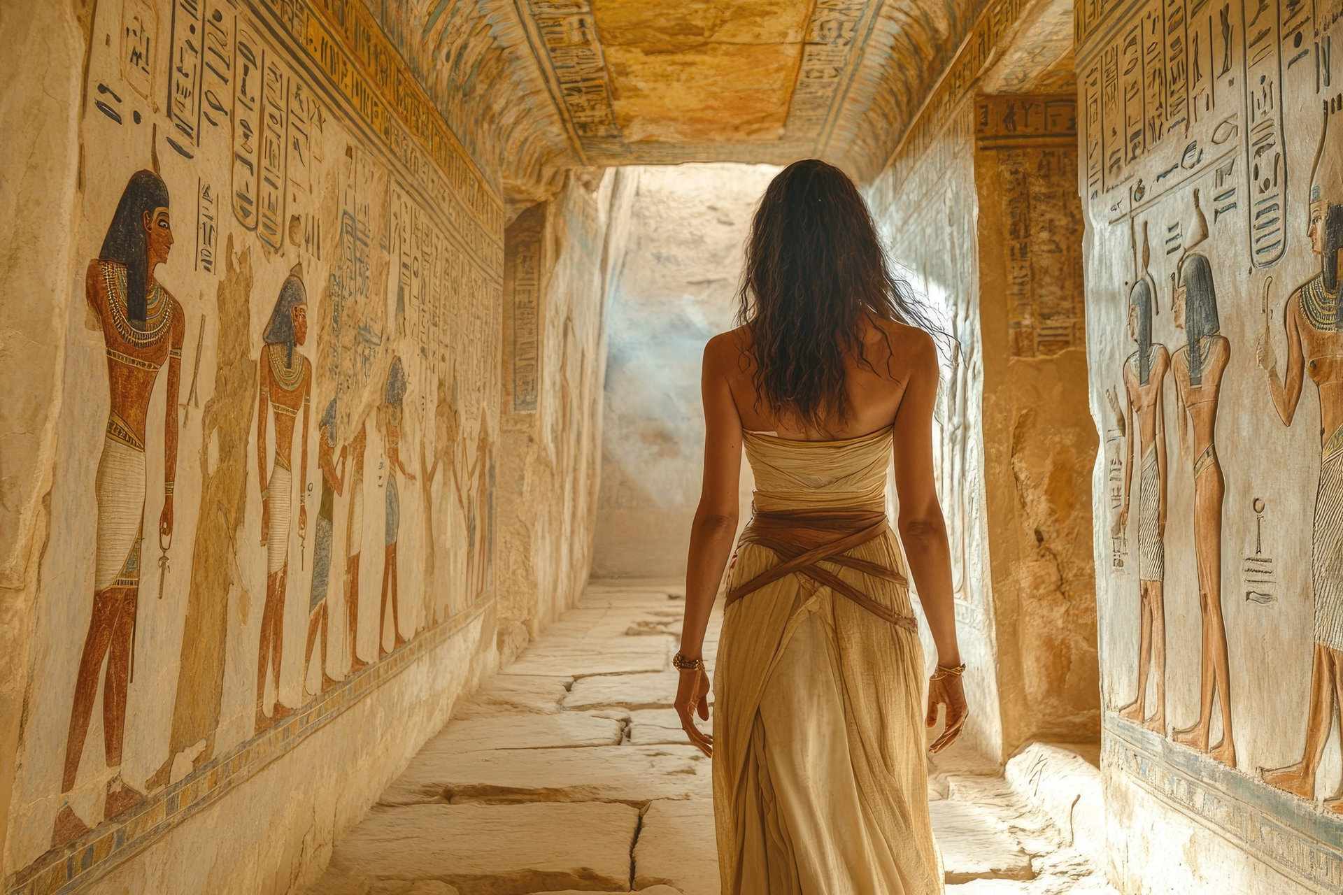 Woman walking through an ancient egyptian temple, admiring hieroglyphics carved on walls