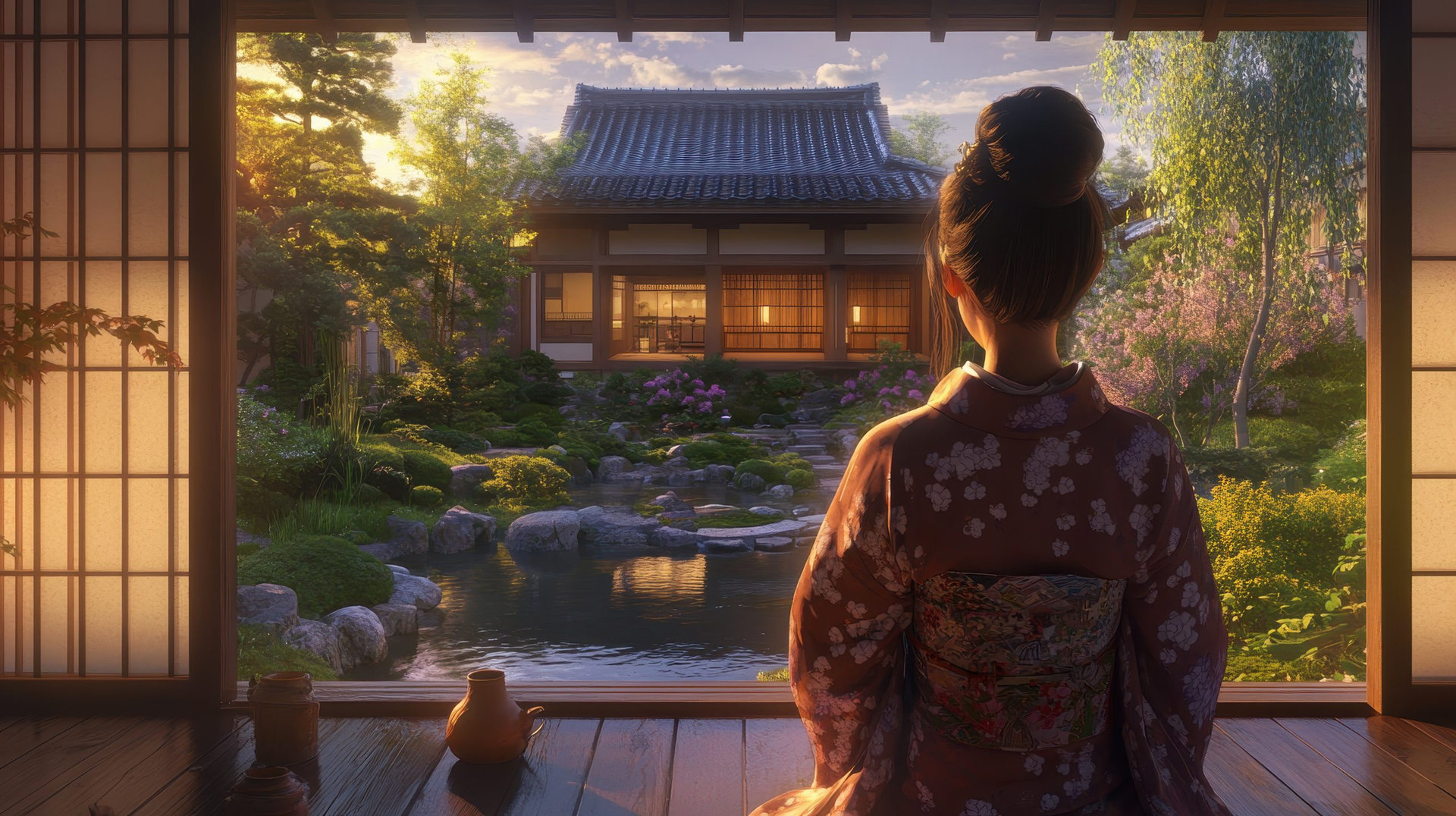 Happy japanese girl wearing kimono in autumn near temple,young girl walking in street japan,Image of Japanese tourism and travel hospitality concept.