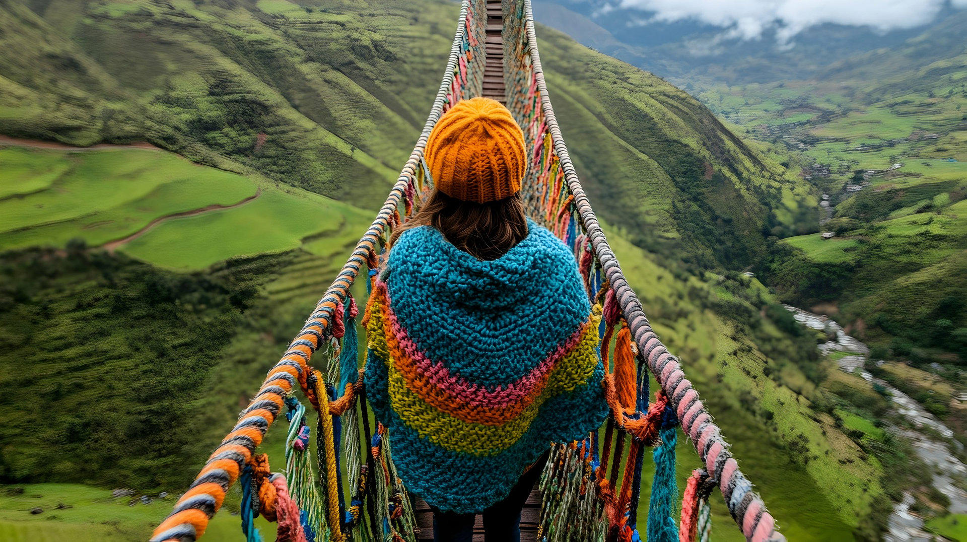 A woman walking across a narrow suspension bridge in the Andes Mountains of Ecuador, South America with a lush green valley below