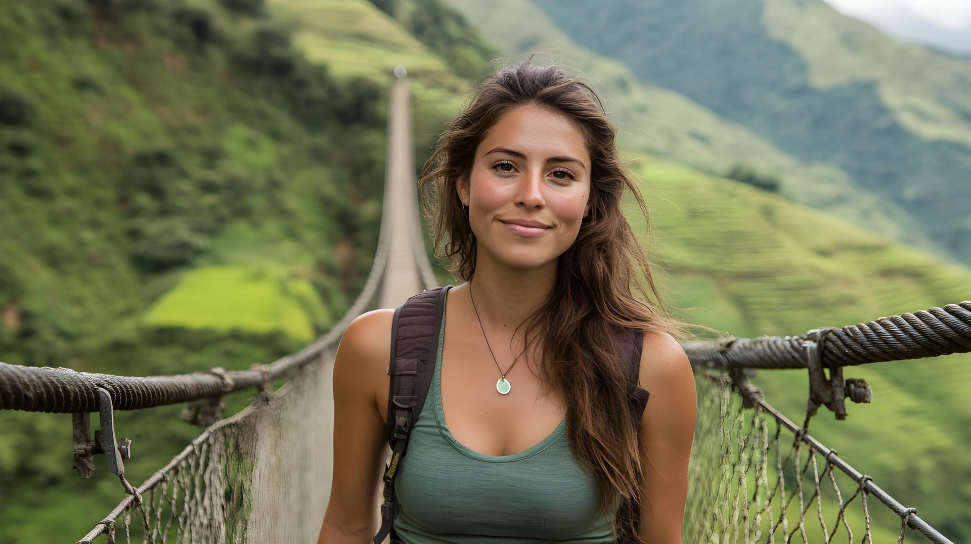 A woman walking across a narrow suspension bridge in the Andes Mountains of Ecuador, South America with a lush green valley below