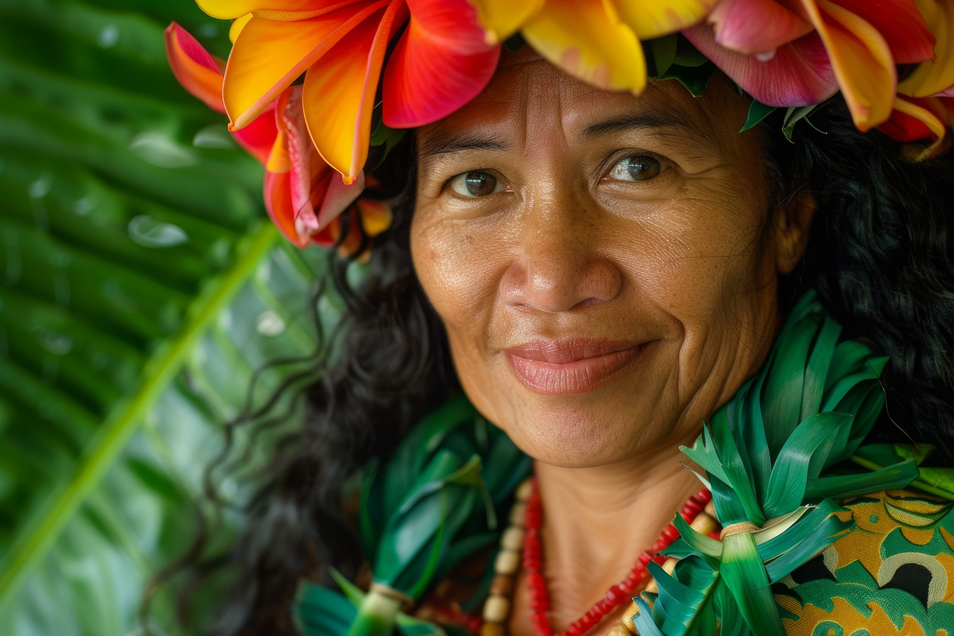 Portrait of a smiling polynesian woman wearing a vibrant flower crown and traditional necklace, celebrating her rich cultural heritage