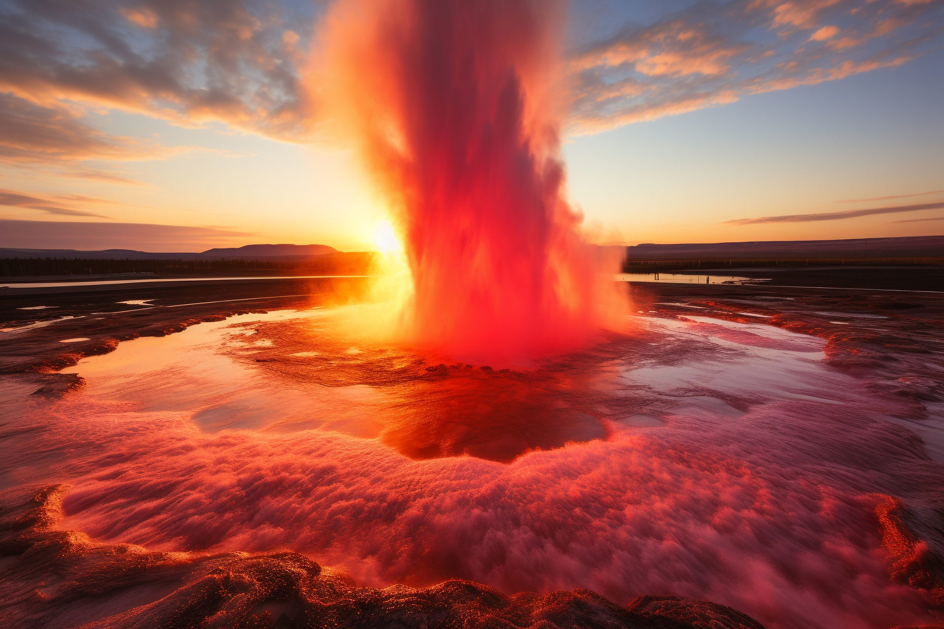 eruption of a geyser in Iceland showcases a magnificent display of a towering water column, geothermal landscapes, and powerful forces of Earth