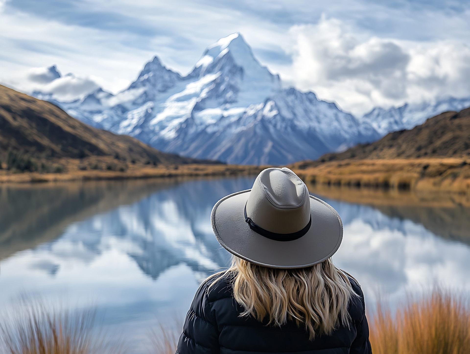 Traveler in wide-brimmed hat admires lake