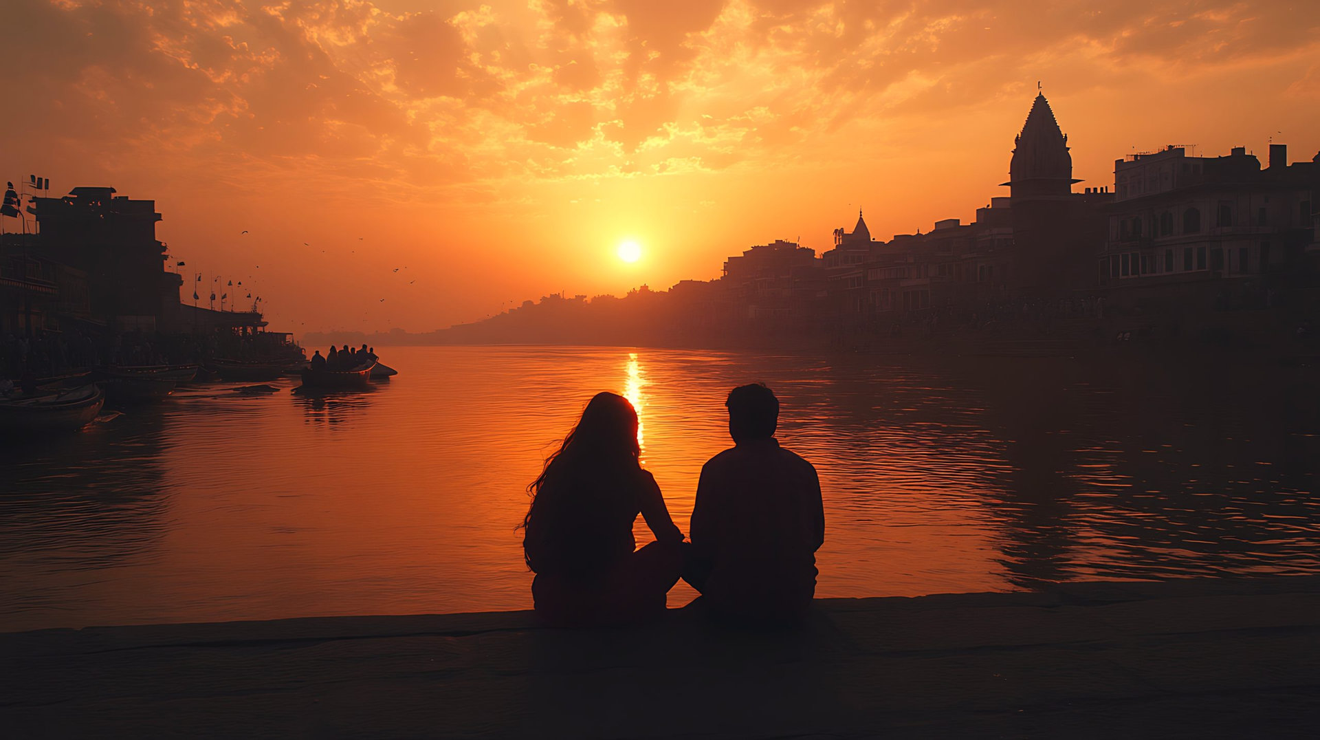 Silhouette of couple sitting on the ghats of river ganges at sunset