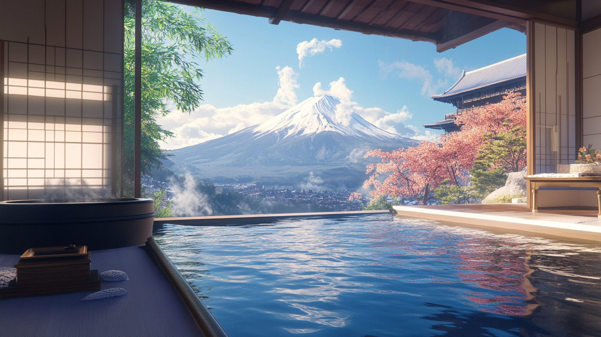 温泉から望む紅葉の秋の湖畔