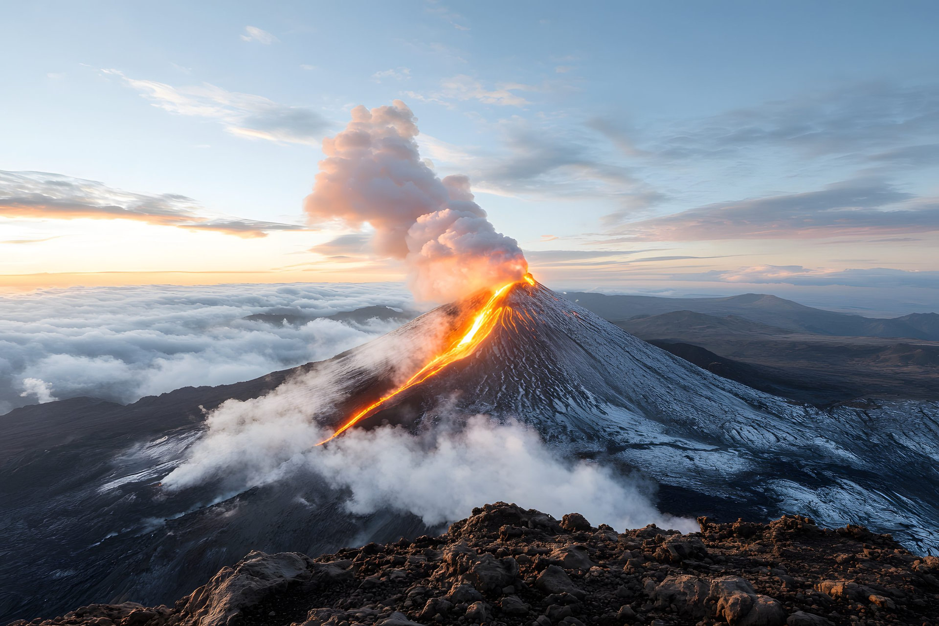 Geothermal activity creates a dramatic landscape in Rotorua, New Zealand, with steaming geysers erupting against a backdrop of volcanic mountains and vibrant skies