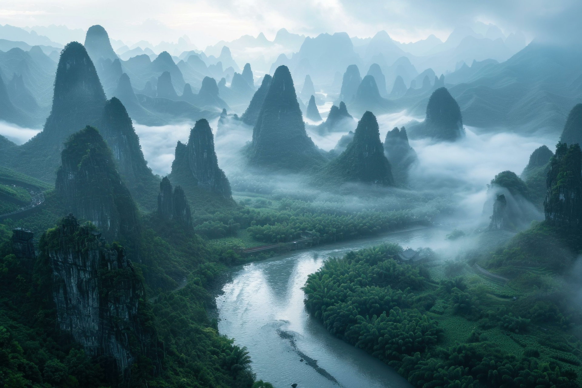 Fog is covering the peaks of the breathtaking karst mountains in yangshuo county, guangxi province, china