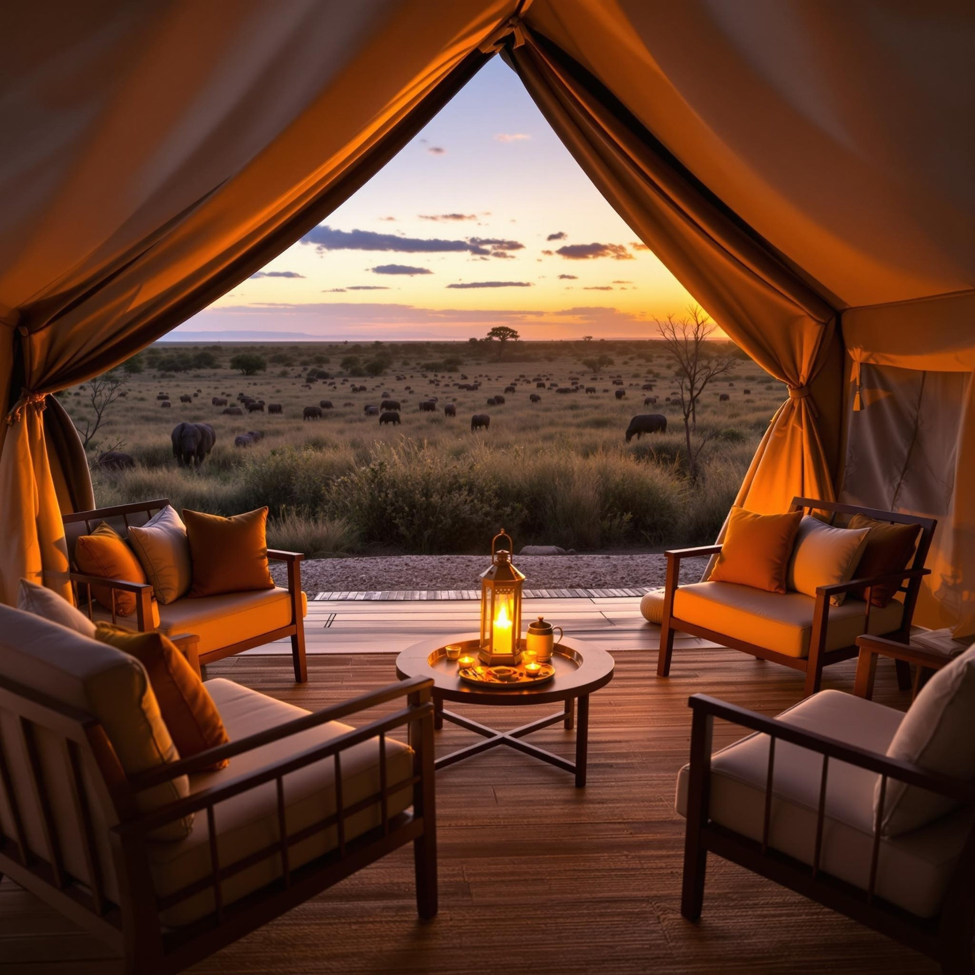 A luxurious tented safari camp at sunrise, featuring elegant furniture, a glowing lantern, and a view of grazing animals on the horizon