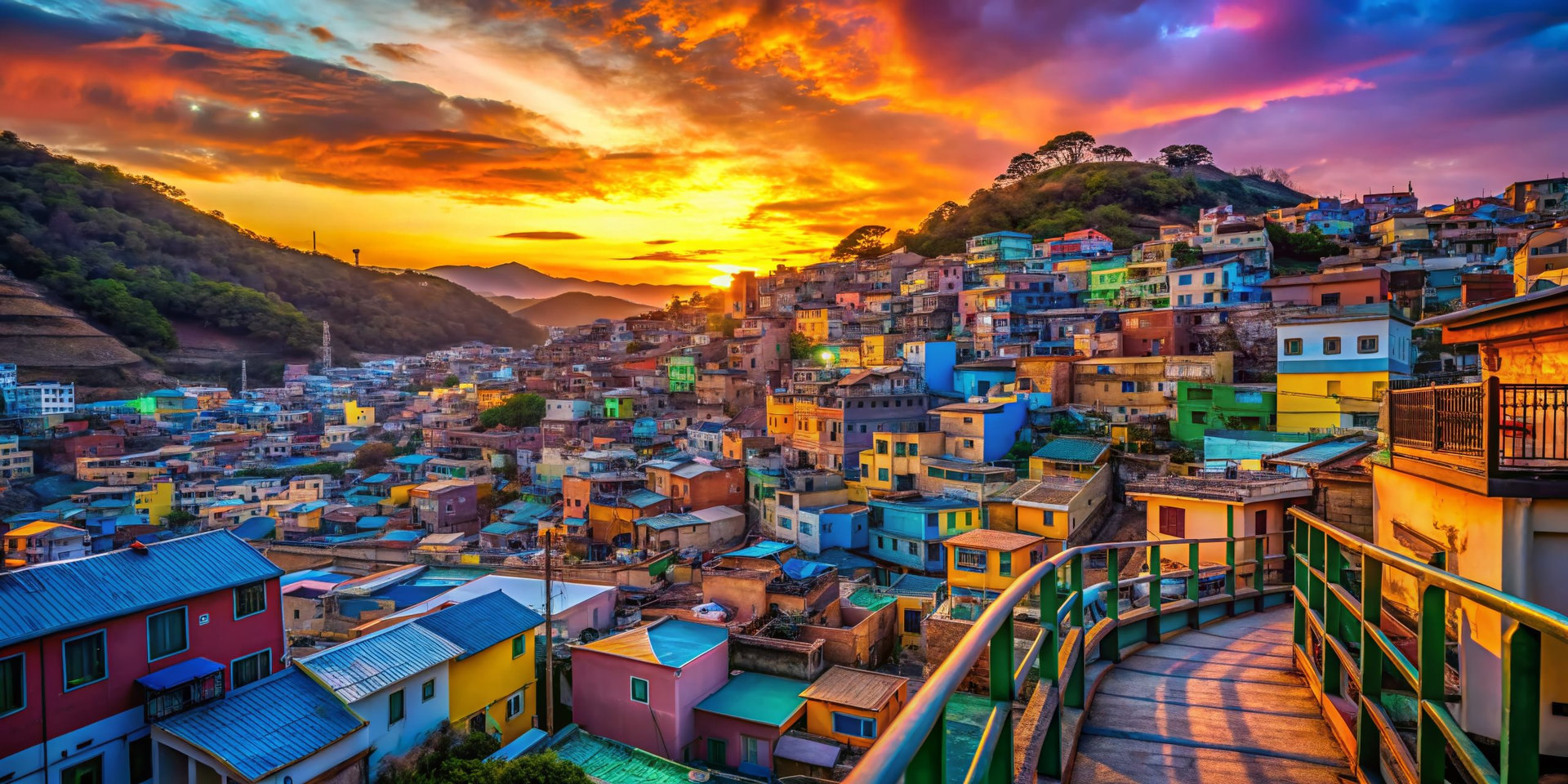 Silhouette of Colorful Gamcheon Culture Village Houses, Busan, South Korea