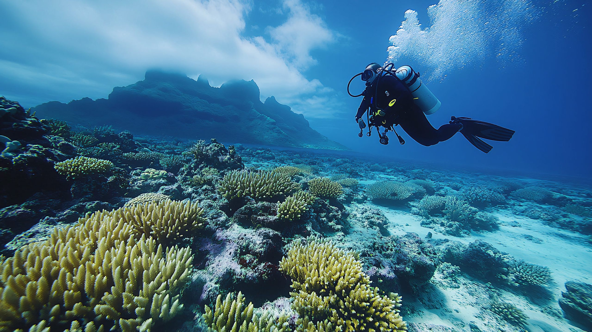 Scuba diver exploring Bora Bora's underwater world, with Mt. Otemanu in the background, colorful coral reefs, and exotic marine life, ideal for adventure and travel visuals.