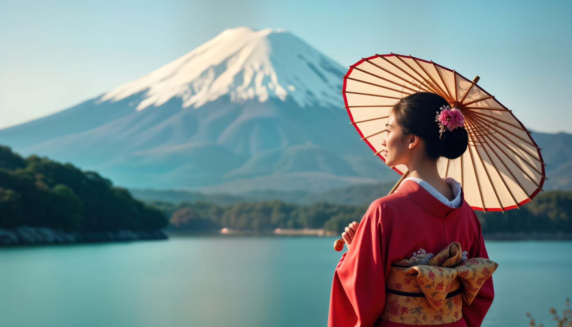 Asian woman wears traditional Japanese kimono by Kawaguchiko lake in Japan. Stands at Fuji mountain. Woman holds traditional Japanese umbrella. Looks at mountain. Calm lake with, green plants.