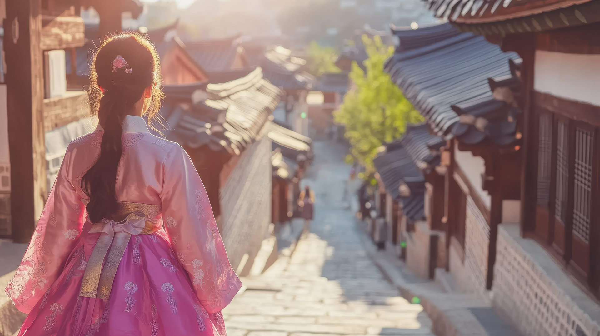 Back view of korean asian woman in traditional korean dress or hanbok dress walking in old palace in night with full moon, Seoul city, South Korea,copy space.