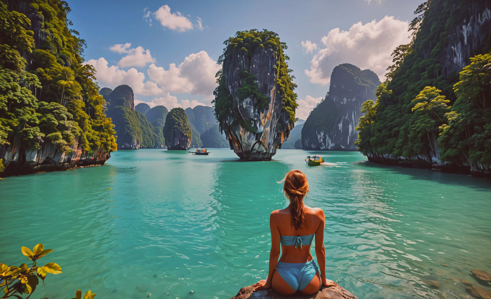 A woman is sitting on a rock by a body of water. The water is blue and there are several boats in the water