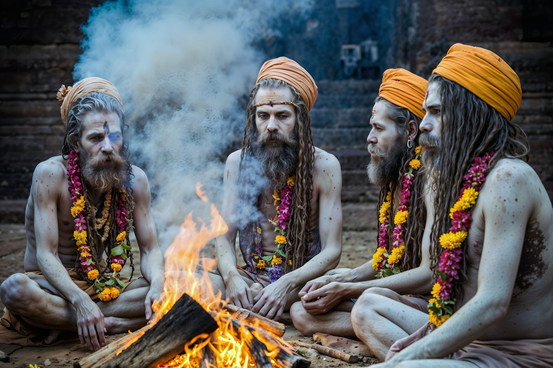 Sadhus Around a Sacred Fire: Four Naga Sadhus, adorned with flowers and long dreadlocks, sit around a crackling bonfire, their faces etched with a serene intensity.
