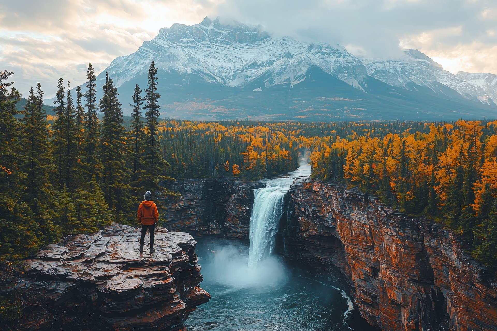 A traveler perches on a rock within Mistaya Canyon, surrounded by a pine forest at Icefields Parkway
