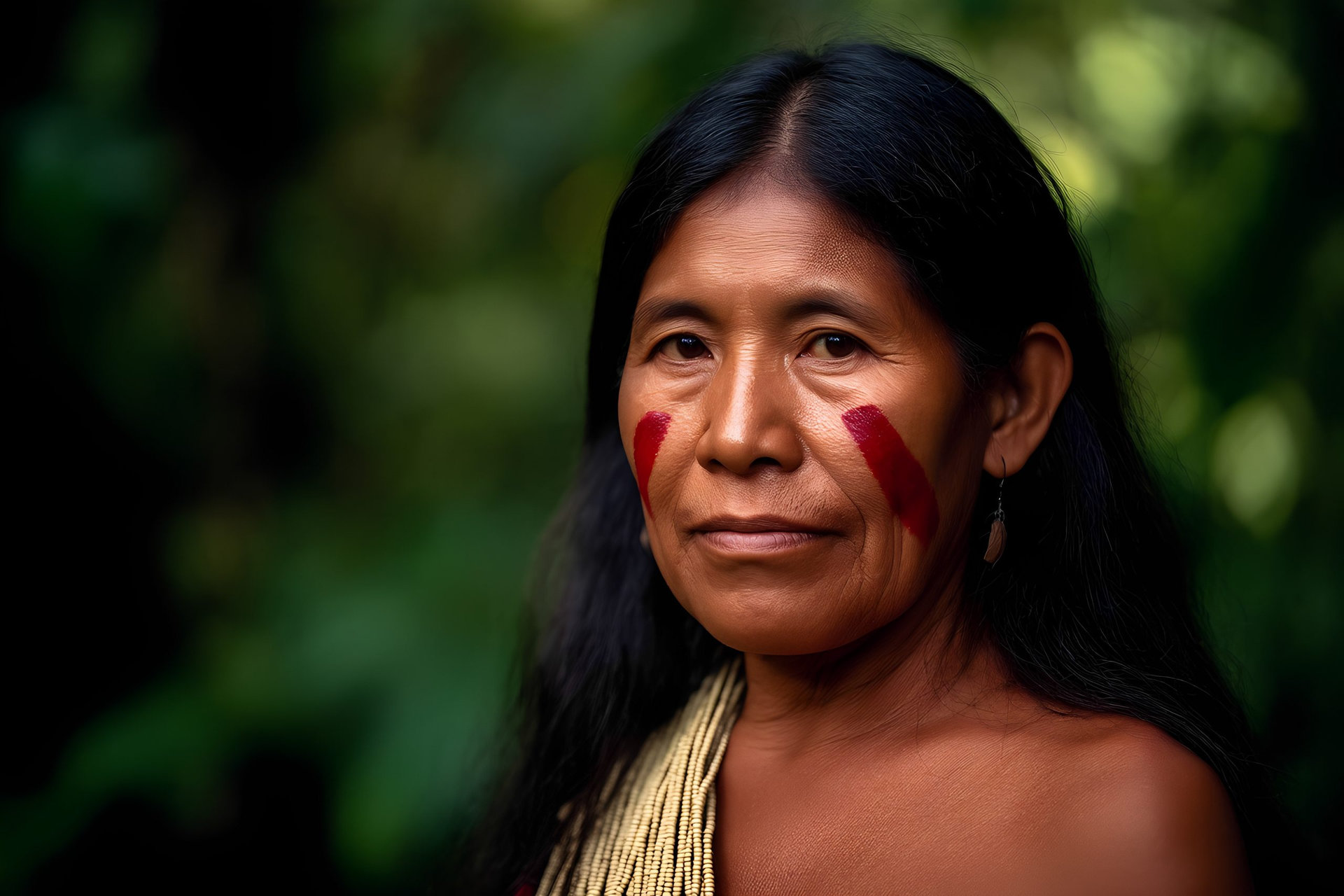 Portrait of an indigenous woman with traditional face paint in the amazon rainforest, showcasing the rich cultural heritage of native tribes