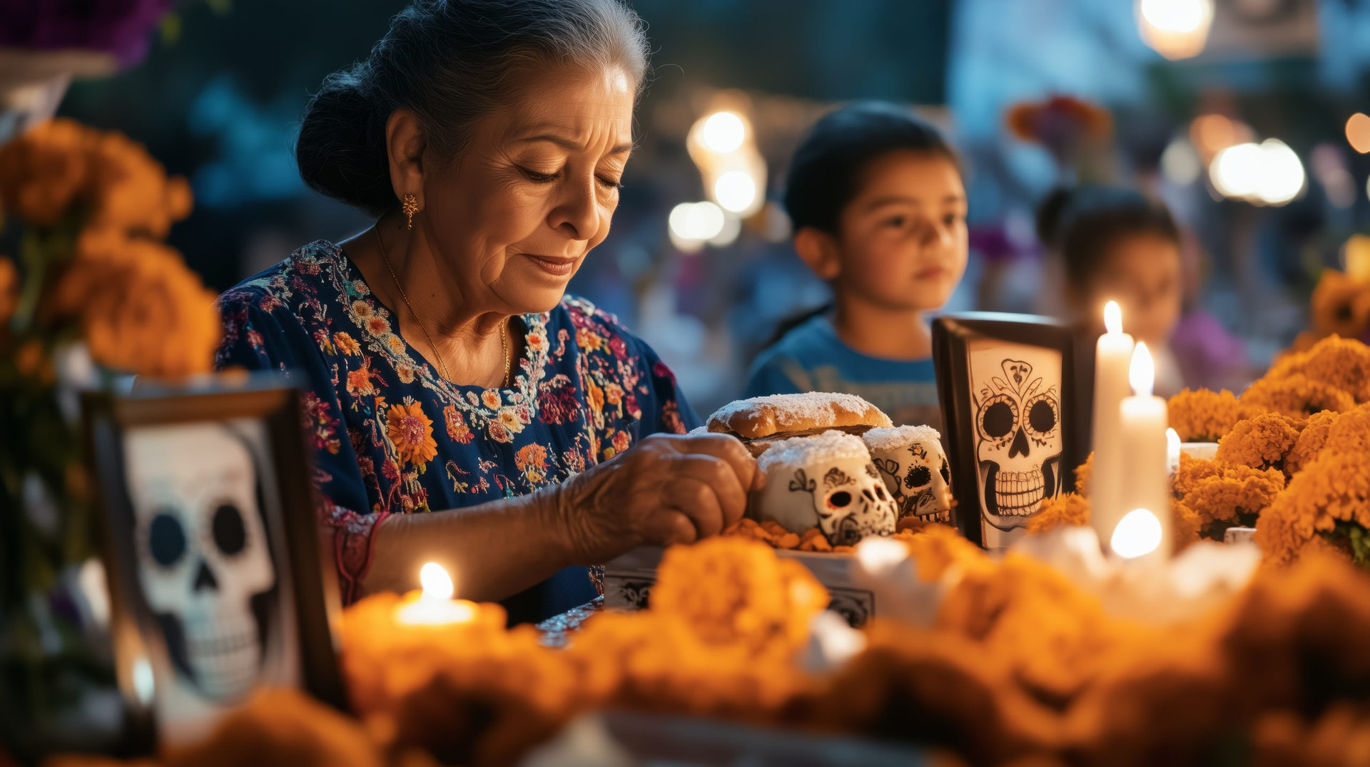 Elderly woman arranging a traditional ofrenda with sugar skulls, candles, and cempasuchil flowers, celebrating day of the dead with family and honoring loved ones