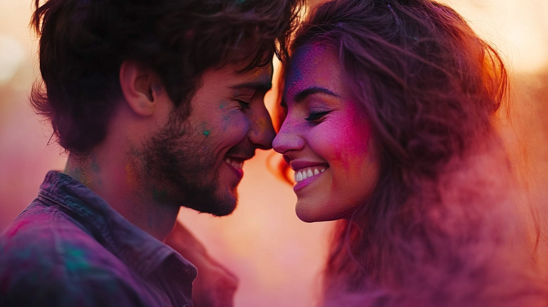 Couple painted in colours celebrating holi festival outdoor, happiness and love in a festive.