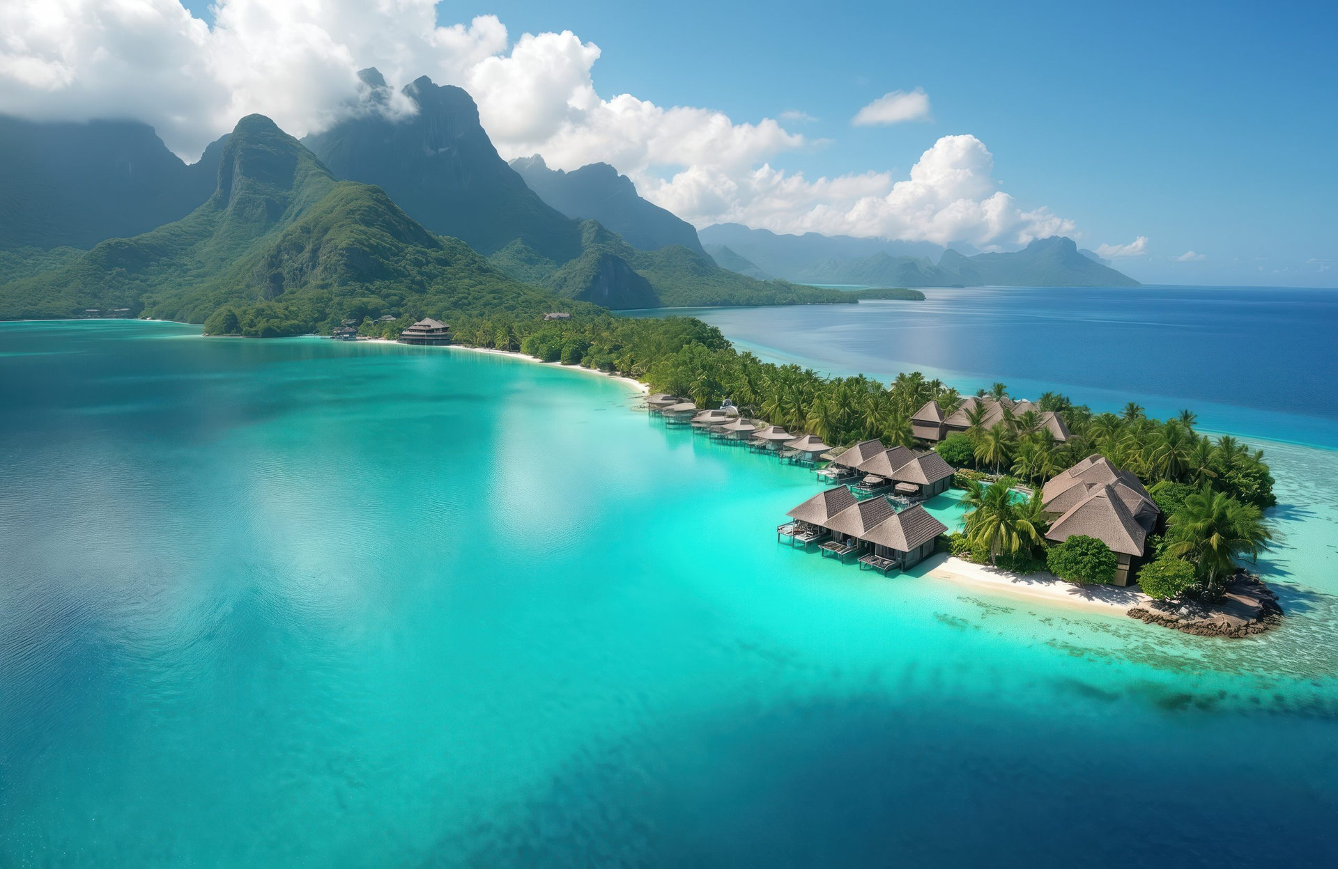Tranquil lagoon in Bora Bora. Overwater bungalows line shoreline. Crystal-clear turquoise water, surrounds island. Green tropical vegetation. Calm blue sky. Beautiful scenic view. Exotic travel