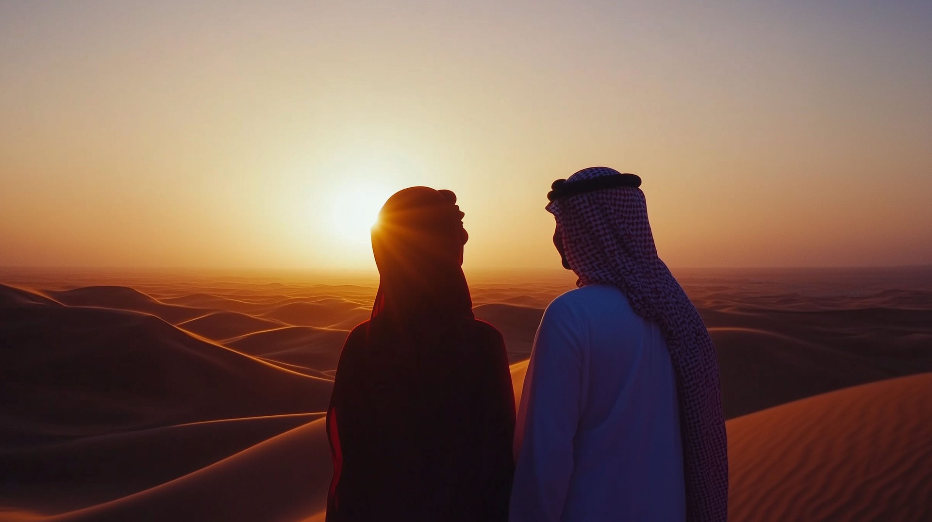 arabic couple standing in desert dunes during sunset