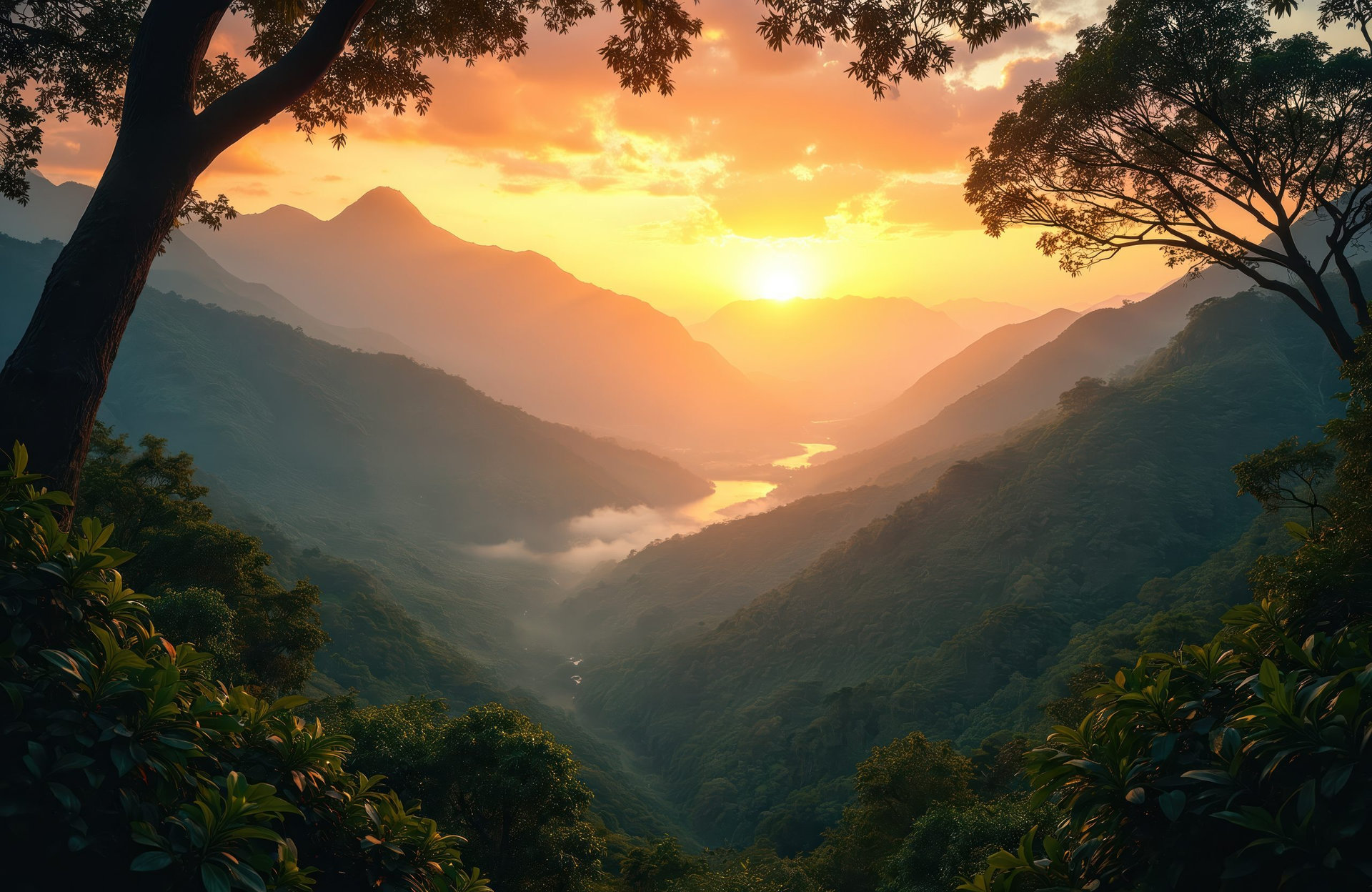 Panoramic view of Colombian mountains at sunset. Rich plants fills valleys. Golden sun sets behind misty peaks. A tranquil landscape ideal for, travel posters or wallpapers. Scenic natural beauty.