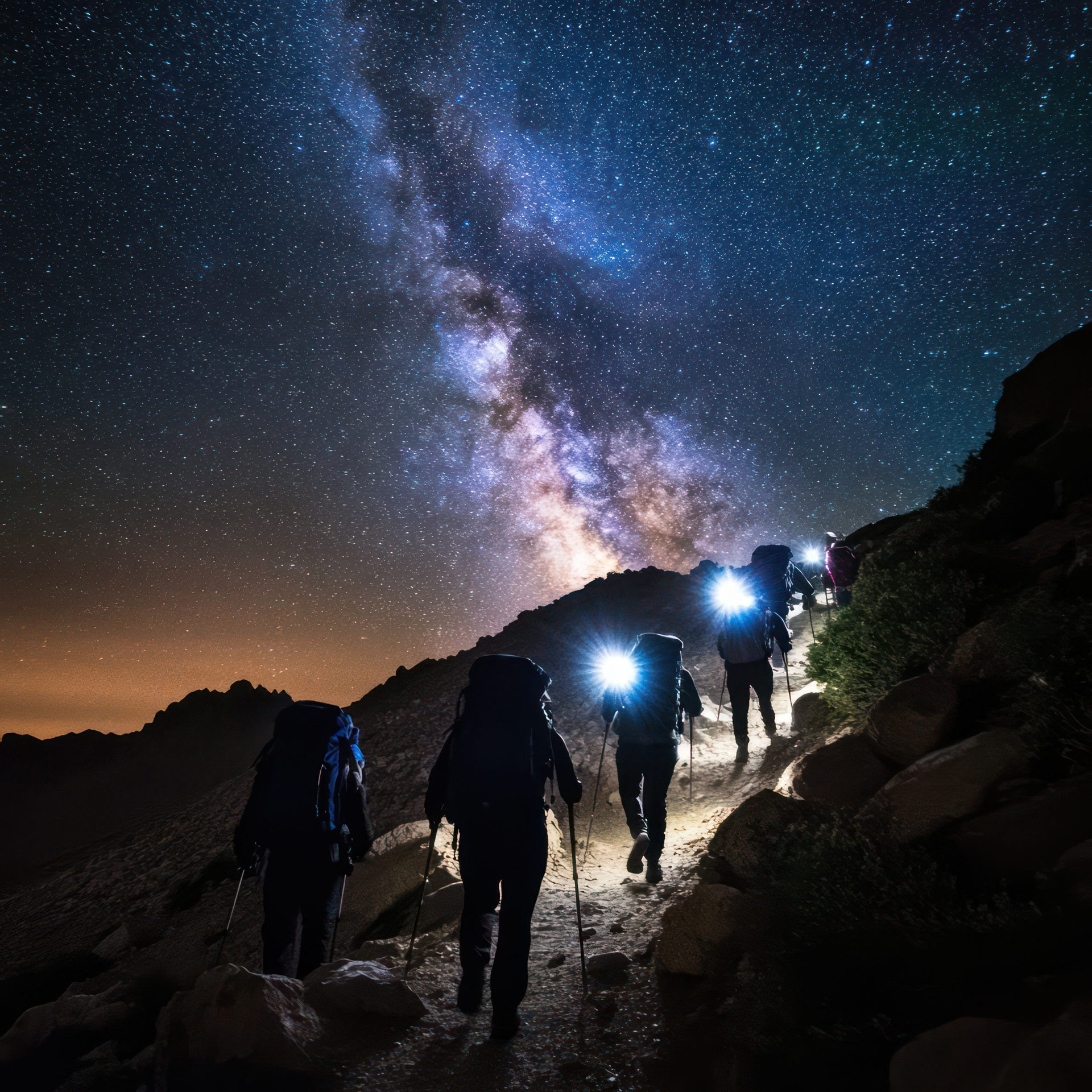 Night Trail A group of hikers with lights