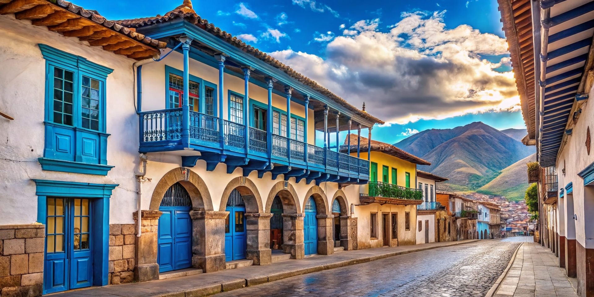 Cusco Peru Street Scene: Colorful Colonial Architecture with Blue Windows and Balconies