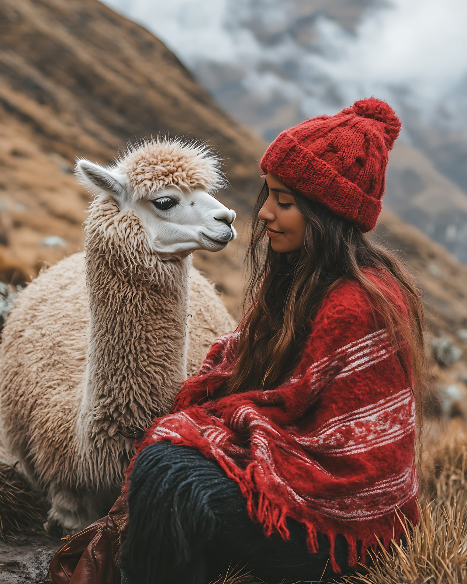 Woman & Alpaca in Andean Mountains