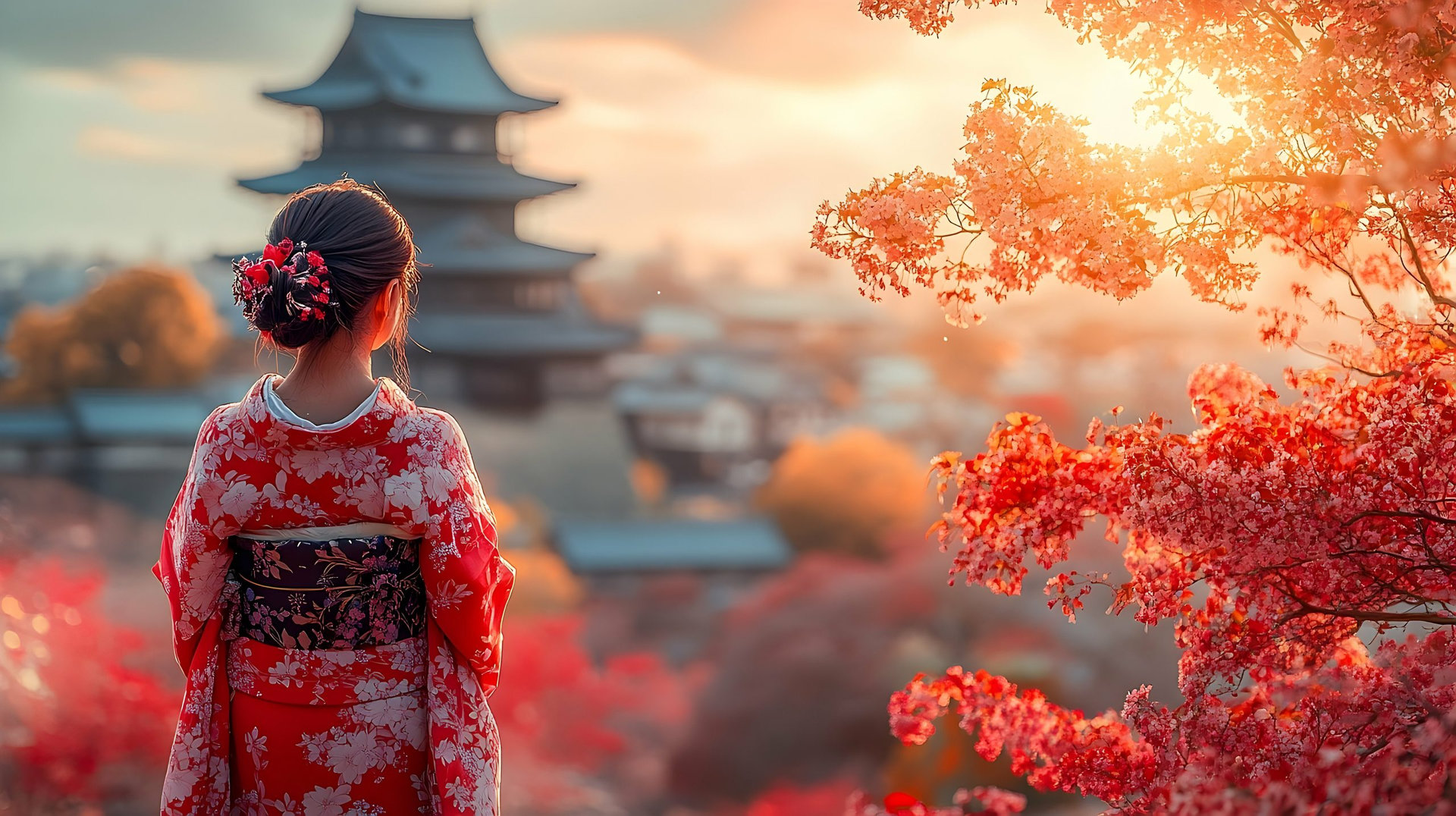 Woman in Kimono views Japanese castle, cherry blossoms