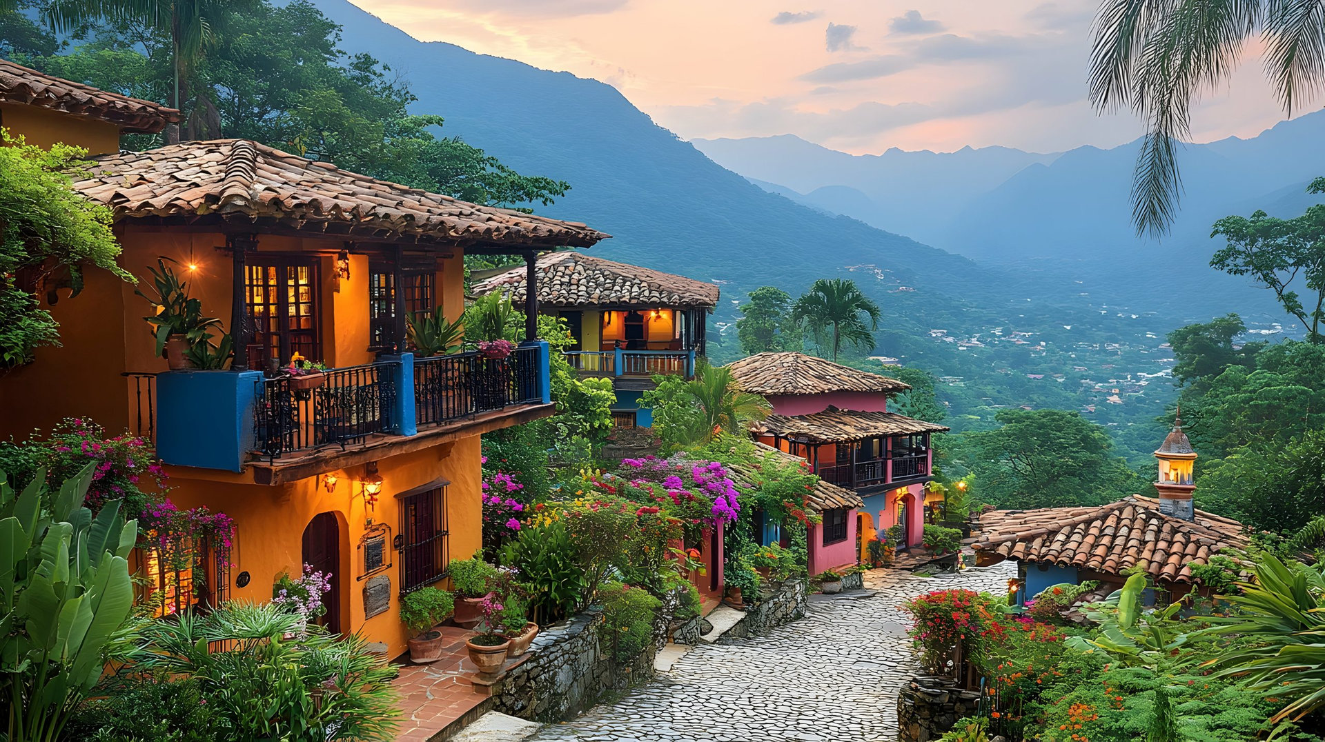 Colorful mountain village street at sunset