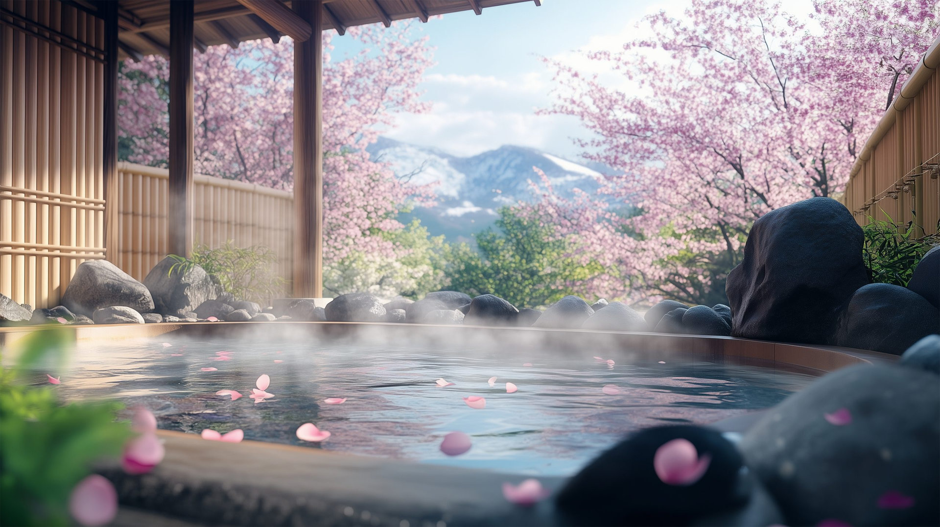 日本の温泉旅館の露天風呂から満開の桜を楽しむ贅沢なひととき