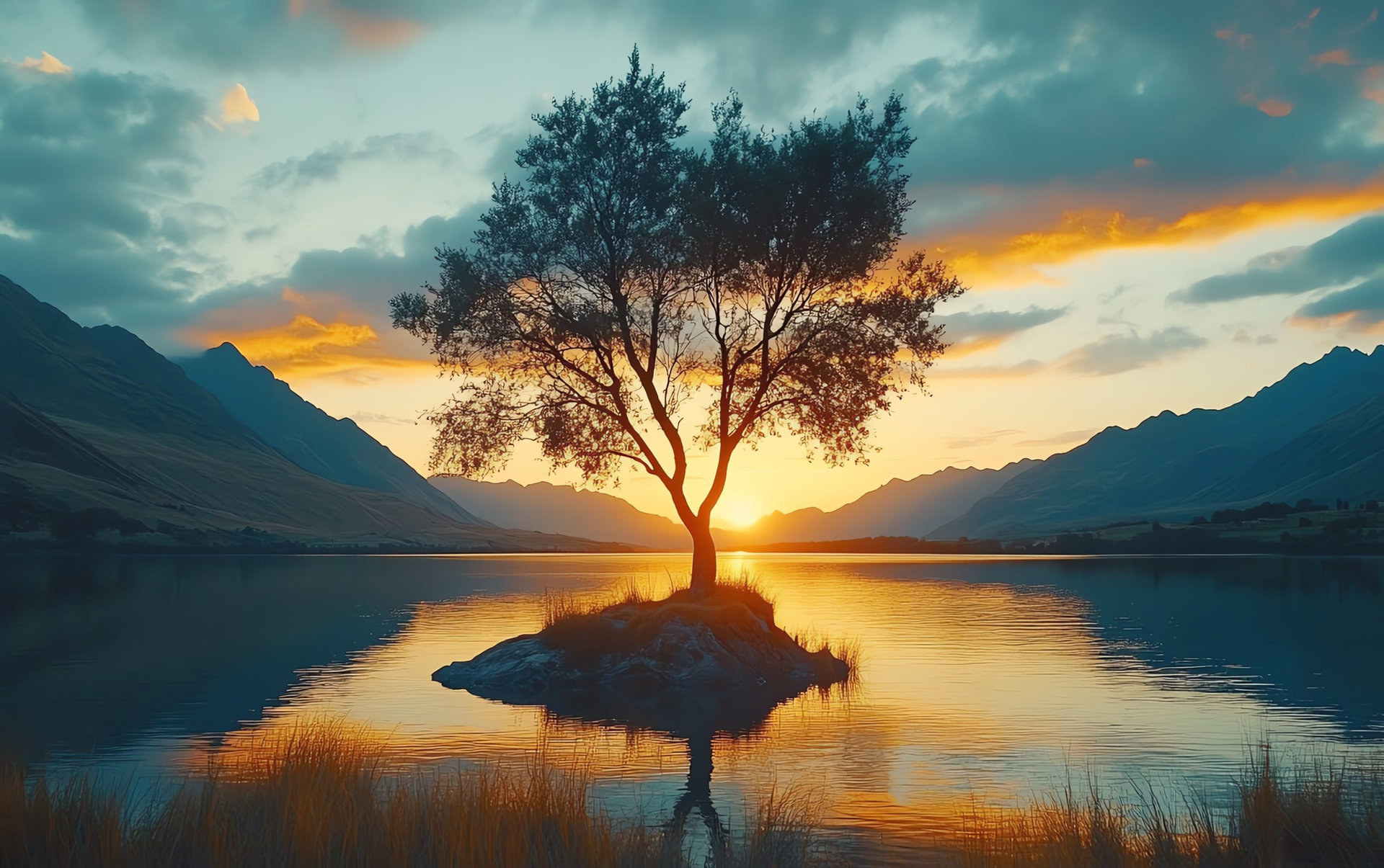 Beautiful New Zealand lake at sunset, lone tree on an island, calm water reflecting a vibrant sky and majestic mountains, peaceful nature landscape for travelers and outdoor lovers