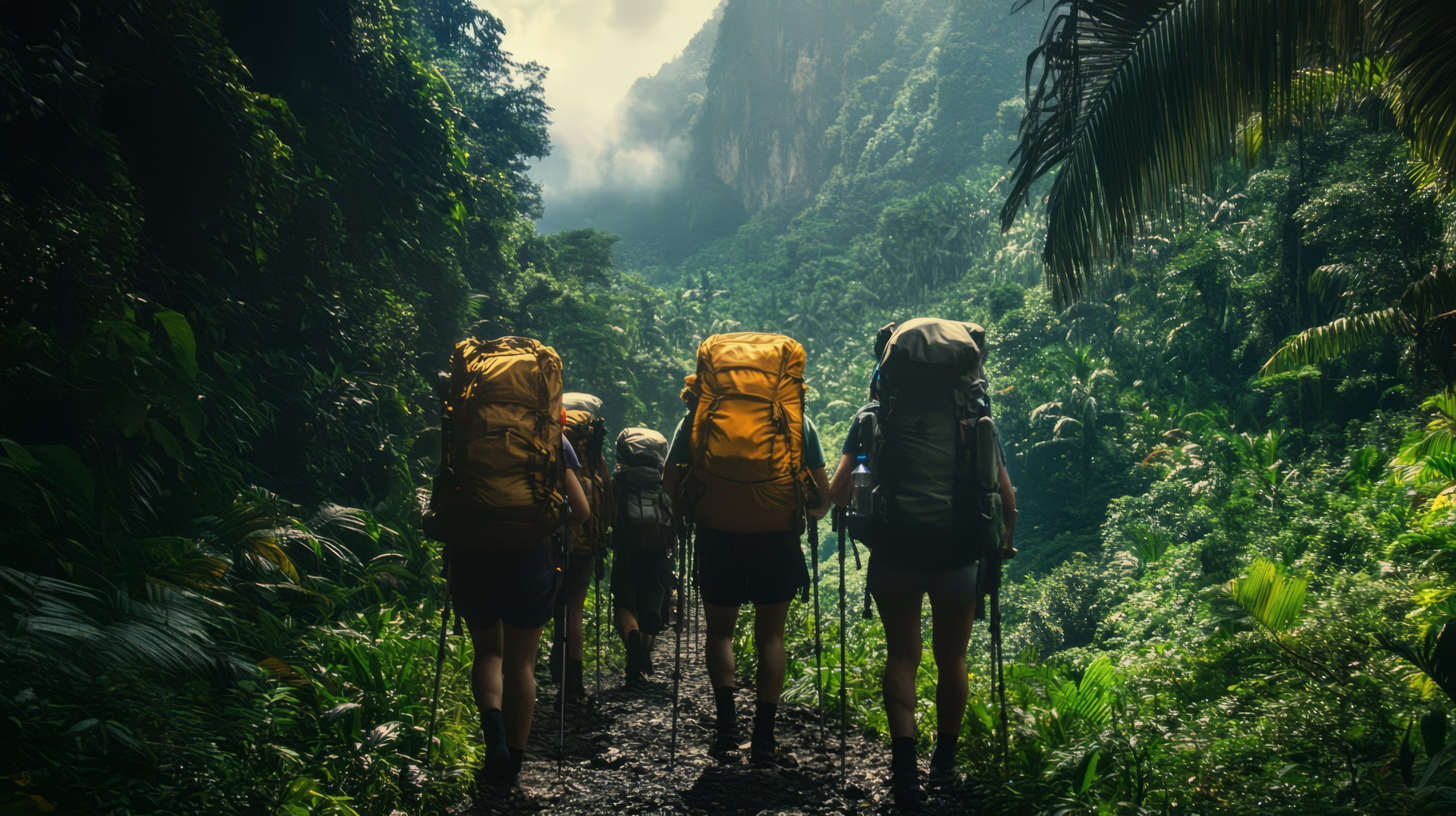 Three people are hiking through a jungle with backpacks. Scene is adventurous and exciting