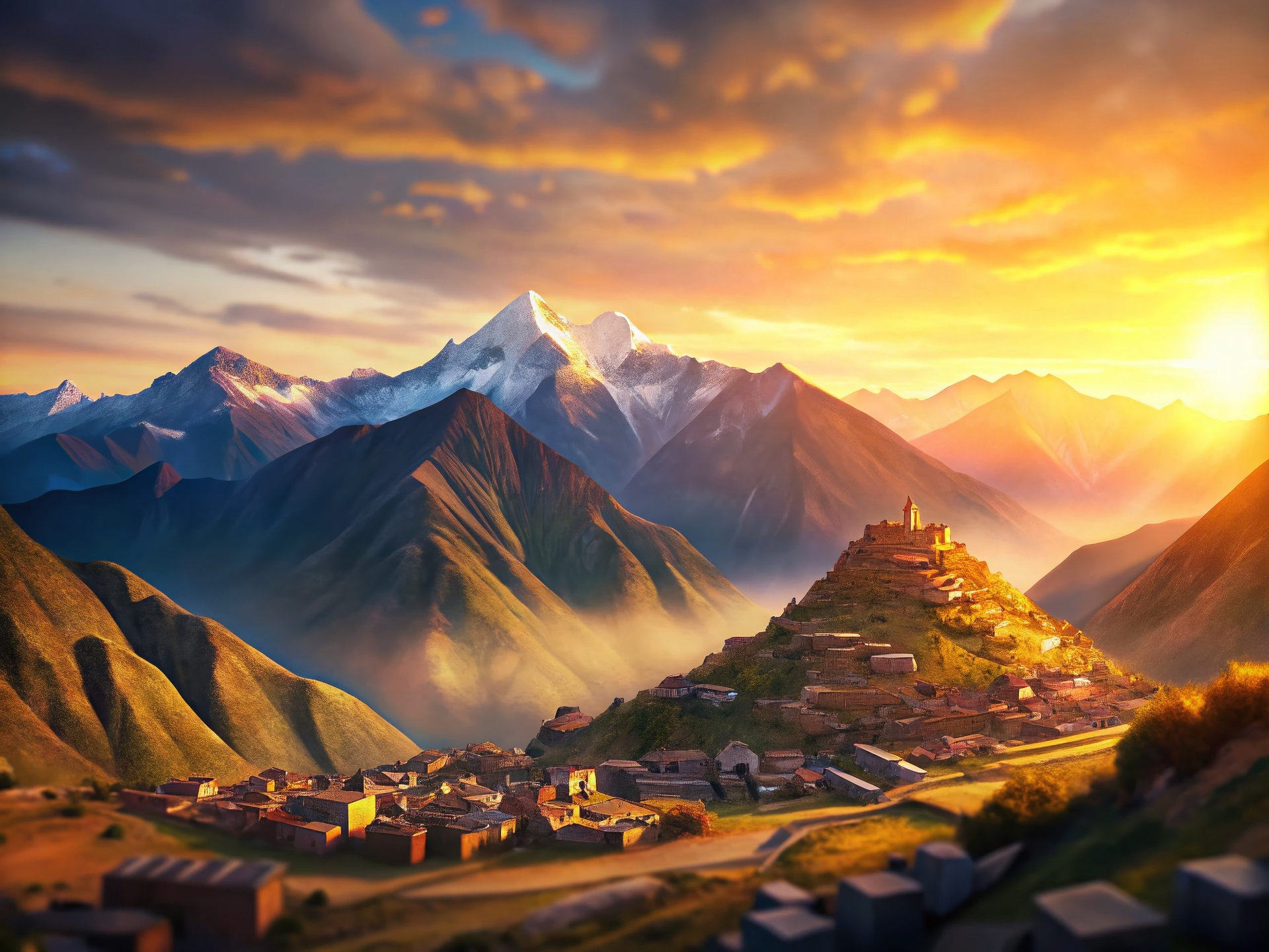 Vibrant Peruvian Landscape with Bokeh, Magical Sunset over Andes Mountains