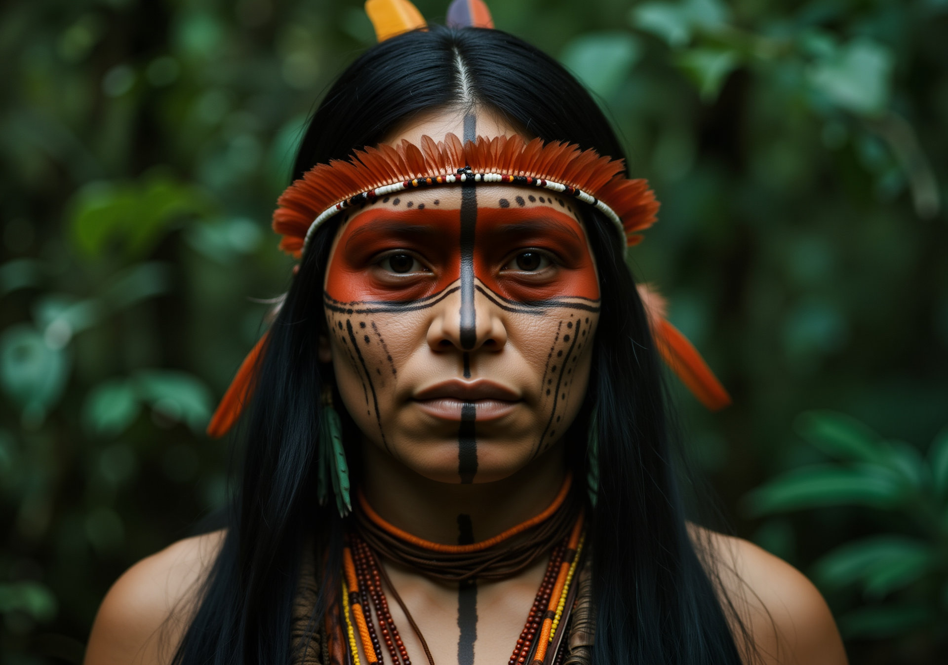 Indigenous woman with traditional headdress and face paint representing her tribe's rich cultural heritage in a vibrant rainforest setting