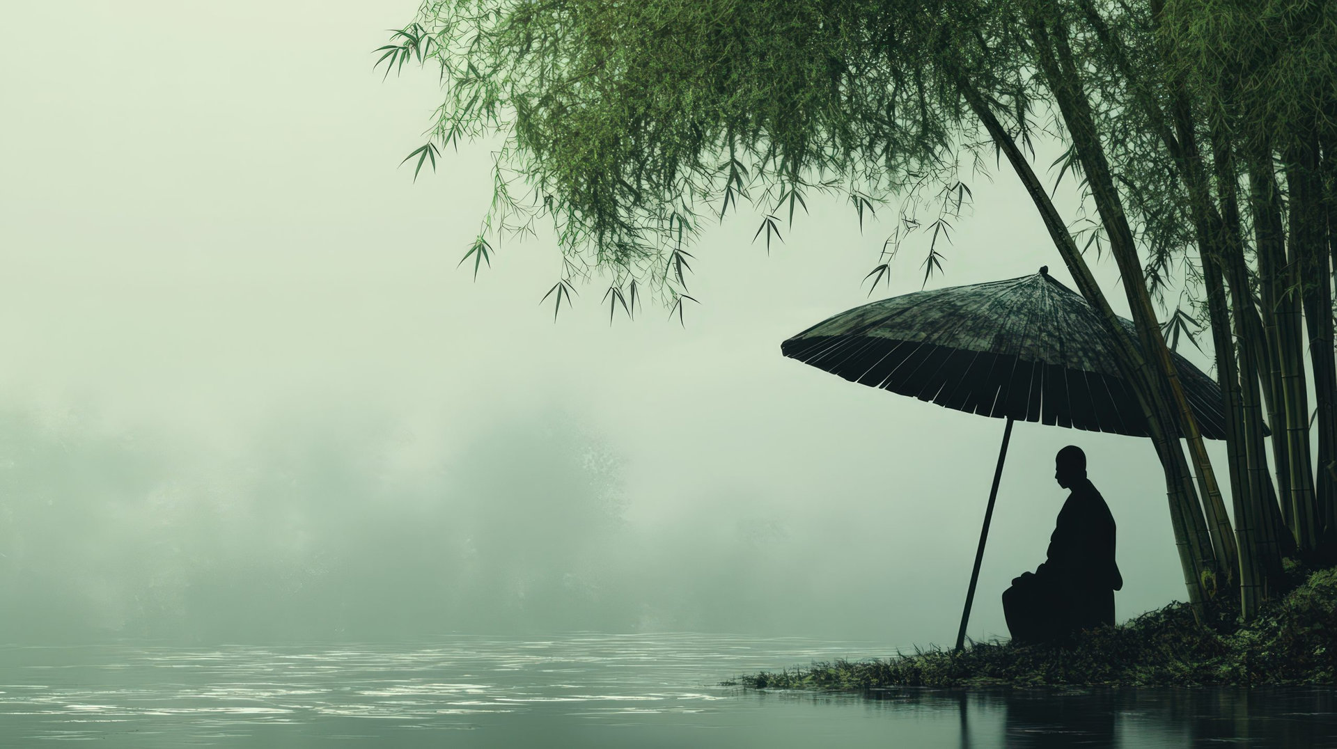 A lone traveler finding shelter beneath a bamboo tree, its sturdy stalks offering protection from the storm