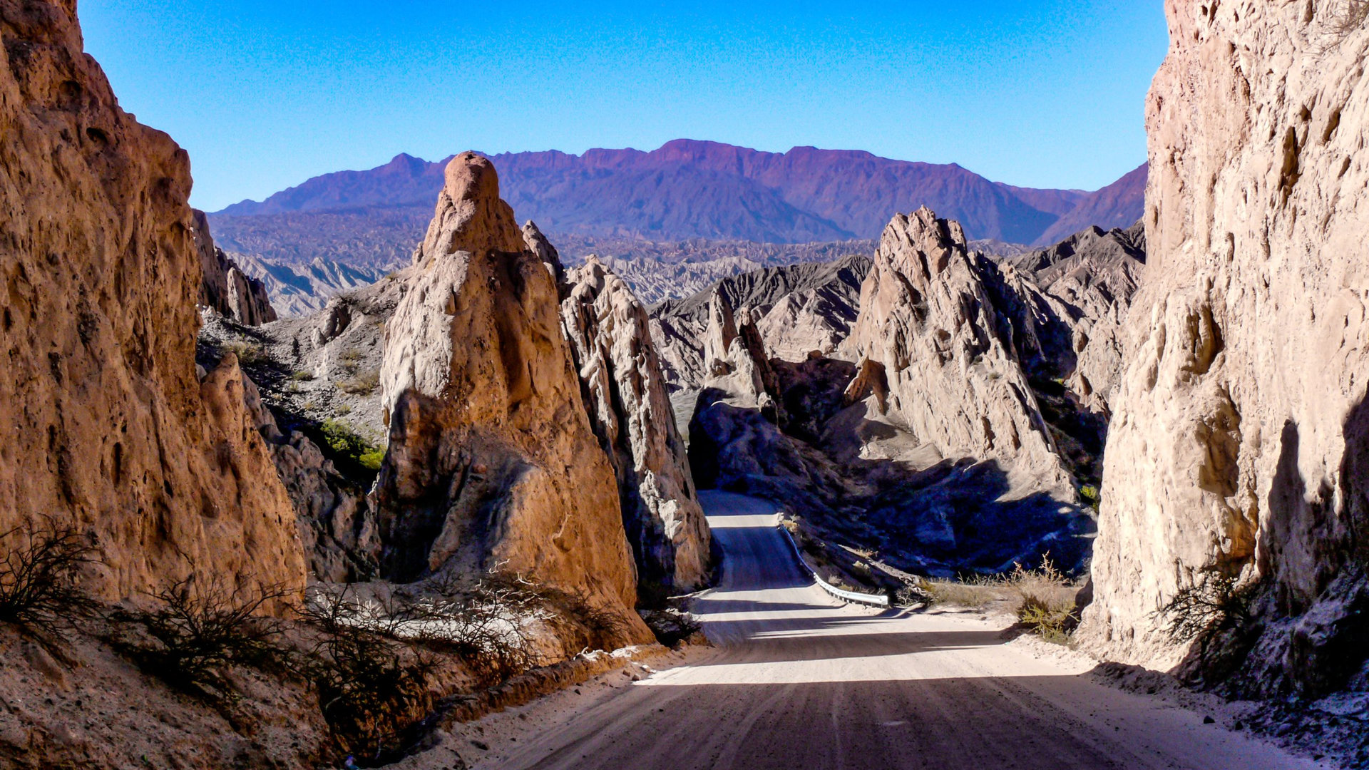 Cinematic road landscape. Humahuaca valley, Altiplano, Argentina. Misty road.