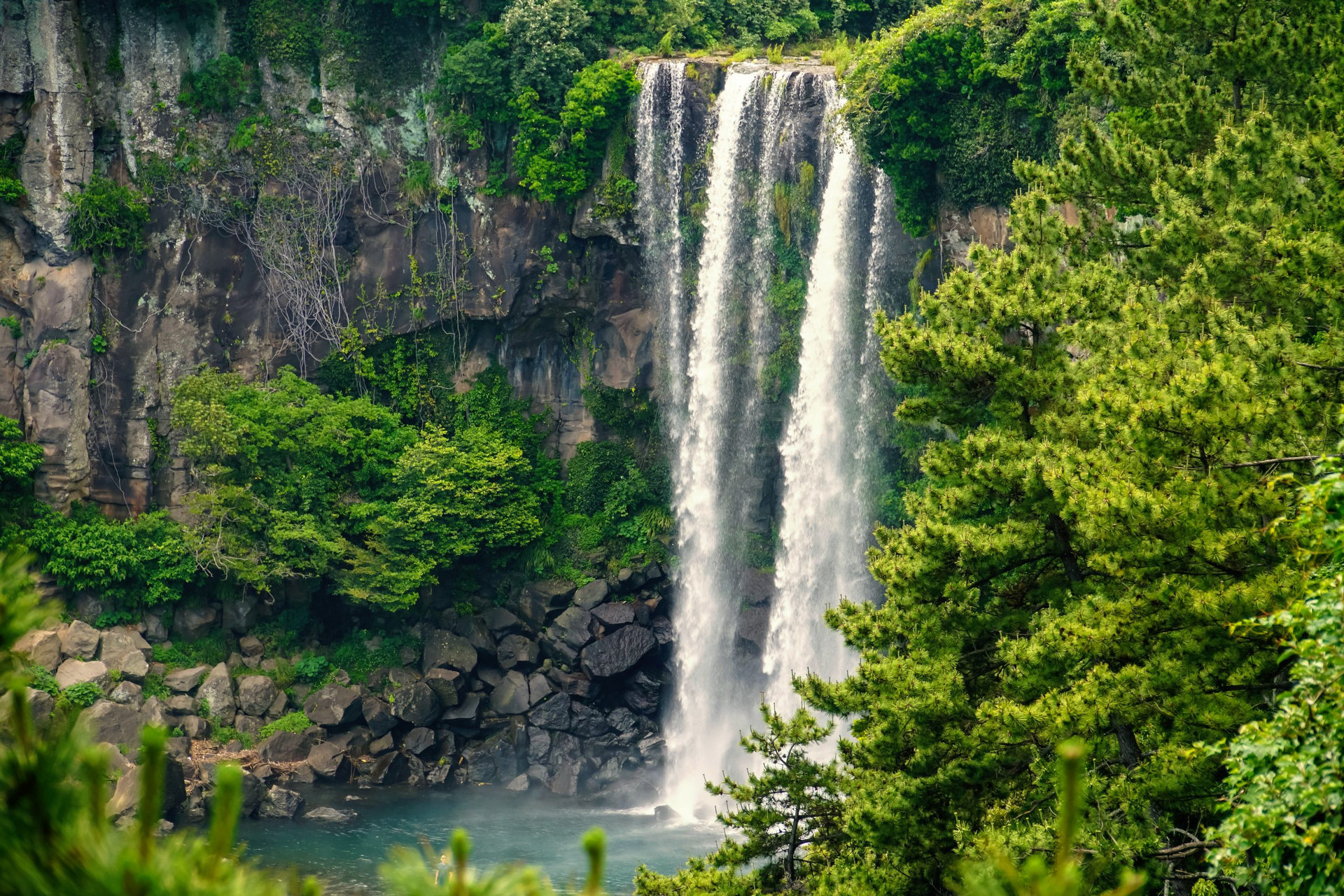 Jeongbang Waterfall on Jeju Island, South Korea.