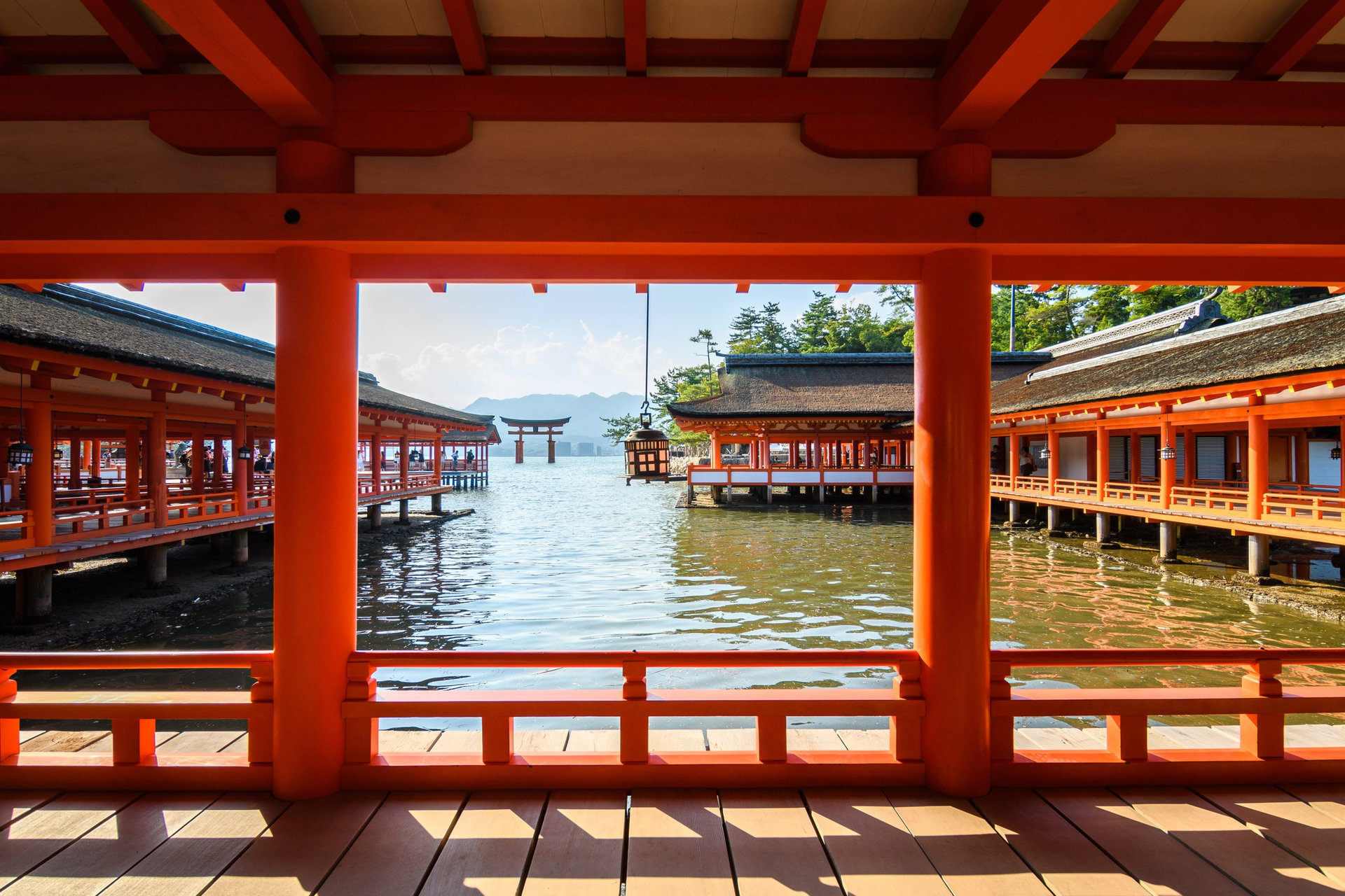 miyajima island, japan. 4th august, 2018: sunset at famous itsukushima red torri in japan.