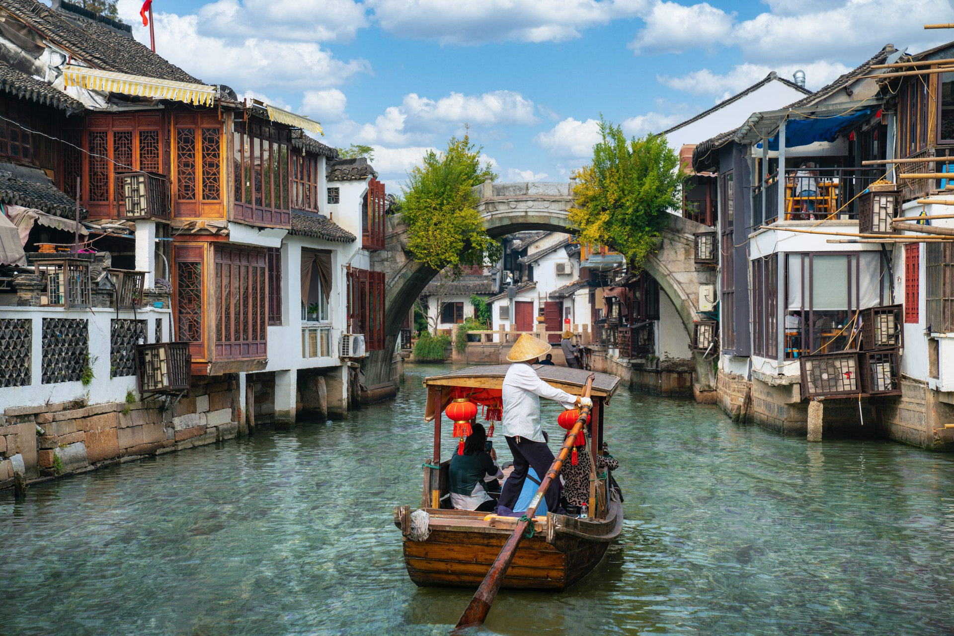 Shanghai Zhujiajiao town with boat and historic buildings