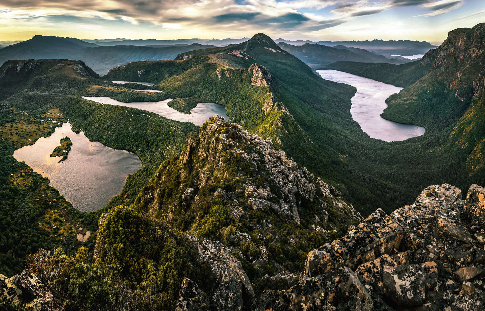 Following down Lighting Ridge at Mount Anne Plateau. Lake Judd on the right and Lonely ponds on the left. Southwest Tasmania